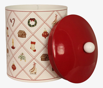 Bild på stor julig plåtburk med handritade motiv och rött lock