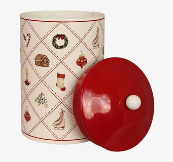 Bild på liten julig plåtburk med handritade motiv och lock