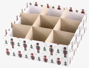 Bild på kvadratisk förvaringsask med julmotiv och nio fack