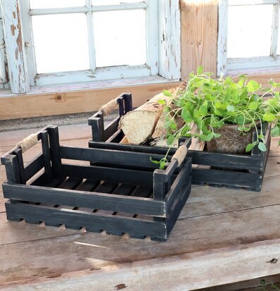 Bild på rustika träförvaringslådor med antik finish och växt