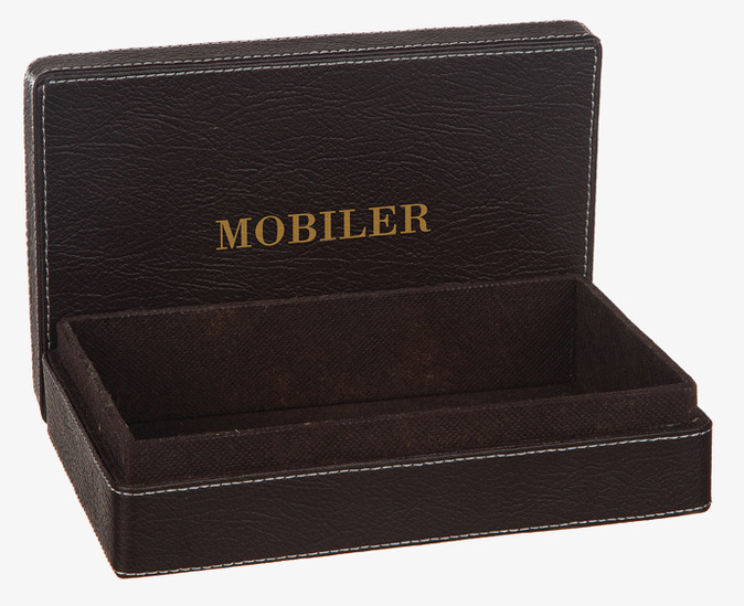 Bild på stilren förvaringslåda i mörkt konstläder för mobiler