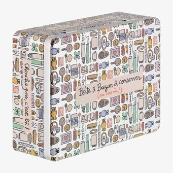 Bild av rektangulär plåtburk med pastellmönster och godsaker