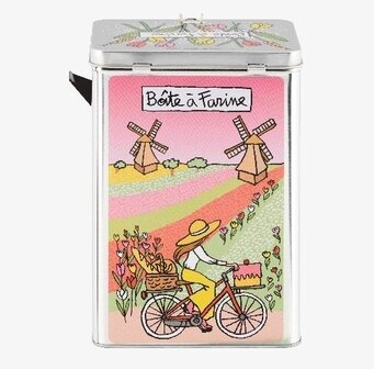 Bild av färgstark plåtburk med cykelmotiv och blommor