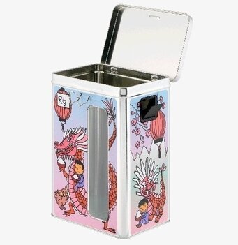 Bild av färgglad plåtburk för ris med asiatisk drakdesign