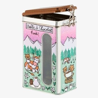 Bild på färgglad plåtburk med fönster för köksförvaring