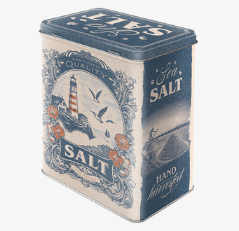 Bild av vintageinspirerad plåtburk med maritimt saltmotiv