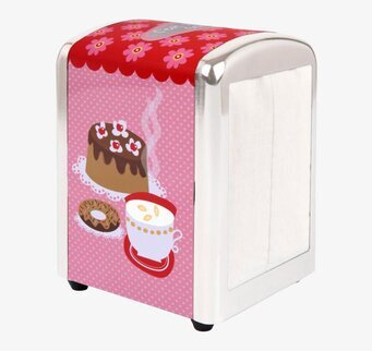 Bild av servettställ med retrodesign och chokladtårta