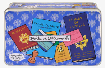 Plåtburk Dokument från Derriére la porte, blå och vit