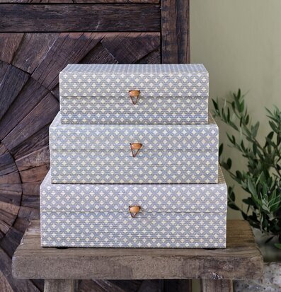 Foto: Staplade opalfärgade förvaringsaskar i trä miljö