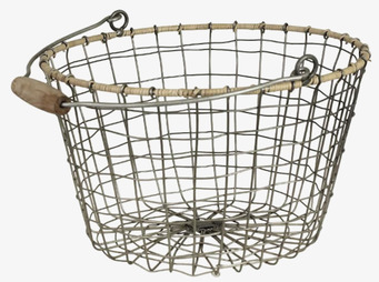Foto: Rund trådkorg i metall med trähandtag frilagd