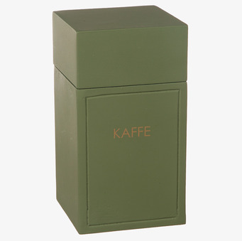 Foto: Grön fyrkantig kaffeburk med lock, KAFFE text