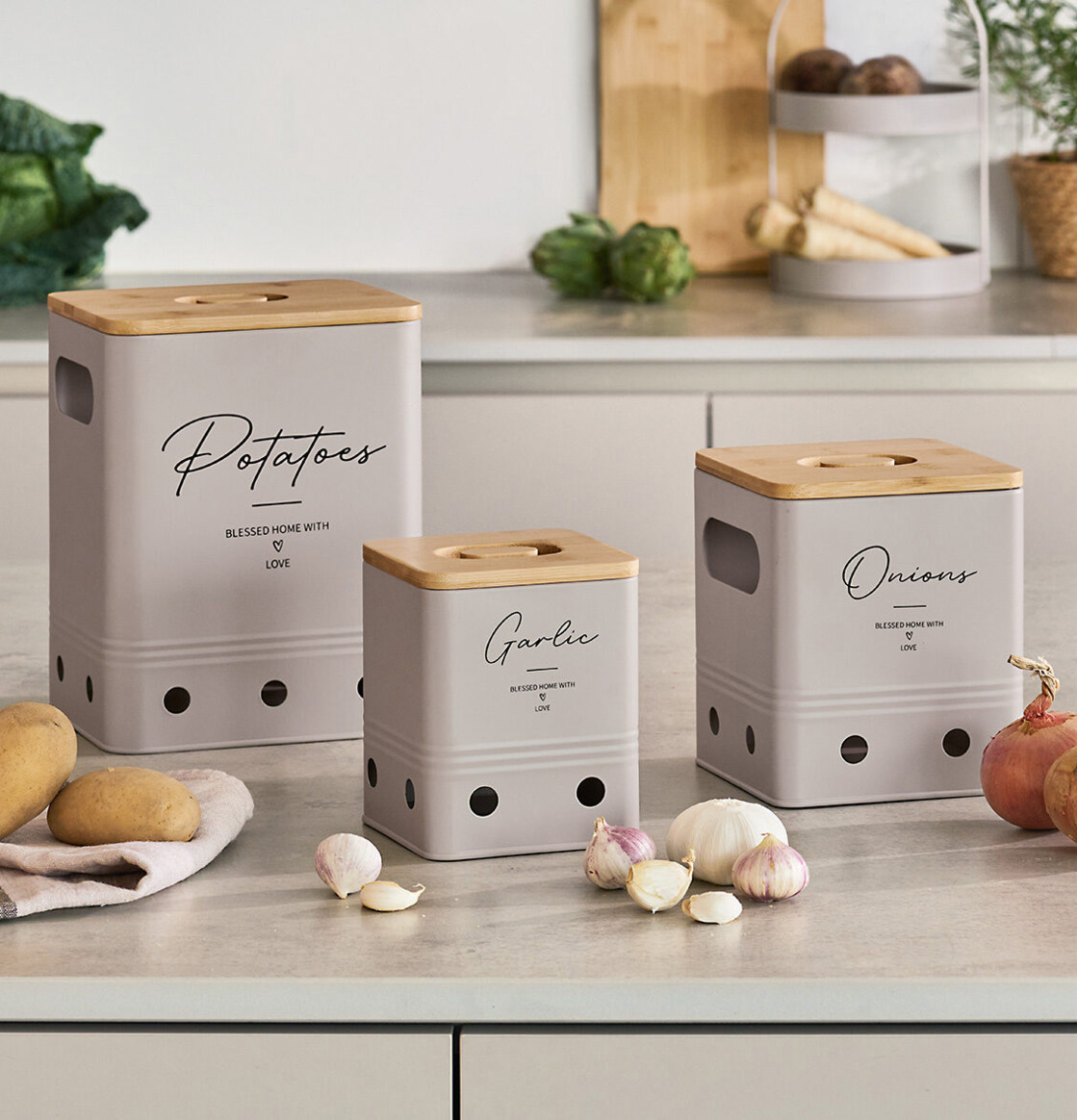 Plåtburk Potatis Lök Vitlök Zeller Plåtburkar Metallburkar