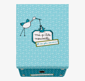 Bild av ihopfällbar låda med storkmotiv och textdetaljer