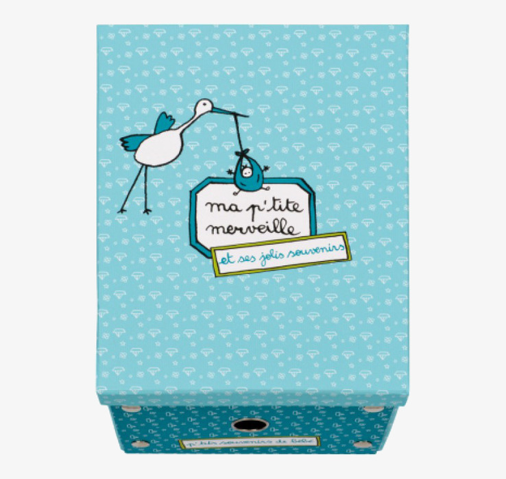 Bild av ihopfällbar låda med storkmotiv och textdetaljer