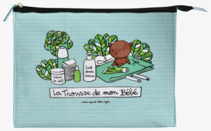 Bild av ljusblå necessär med babytema och illustration