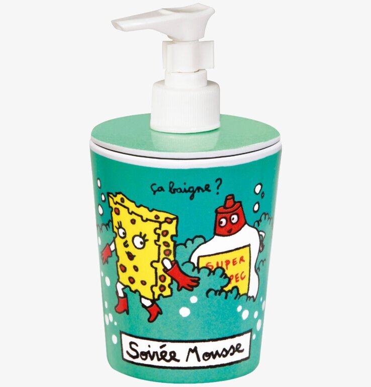 Bild av färgglad diskmedelspump med humoristisk design