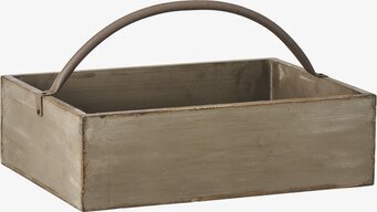 Foto: Grå trälåda med metallhandtag, rektangulär