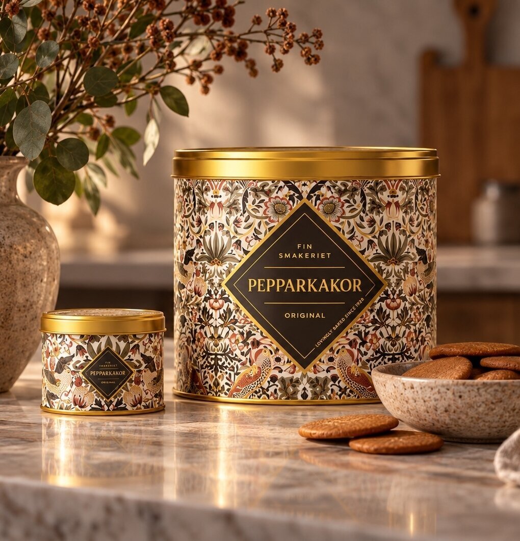 Foto av dekorativa plåtburkar med pepparkakor i kök