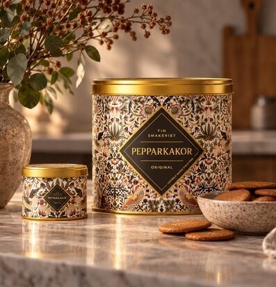 Foto av dekorativa plåtburkar med pepparkakor i kök