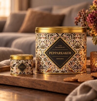 Foto: Två mönstrade plåtburkar med pepparkakor