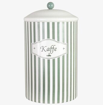Foto: Randig grön/vit kaffeburk i plåt med lock