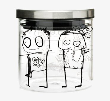 Bild av glasburk med lekfull design och stilrent lock