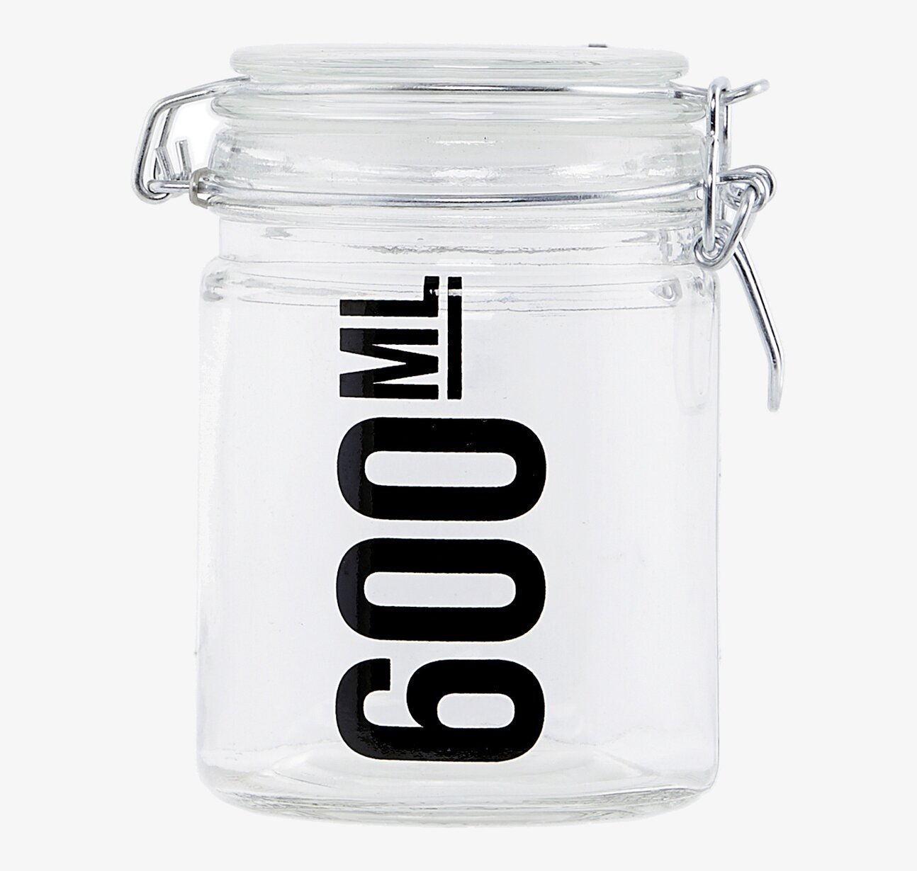 Bild av glasburk med metallklämma och stilren design