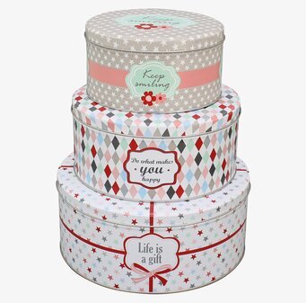 Bild av tre staplade plåtburkar med livfull design