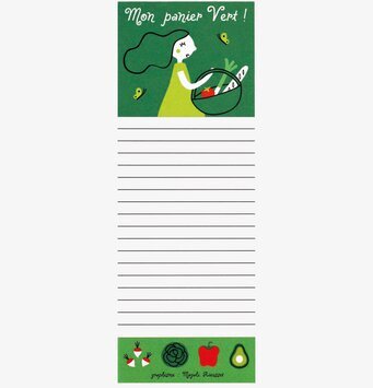 Bild av grönt magnetblock med illustration och penna