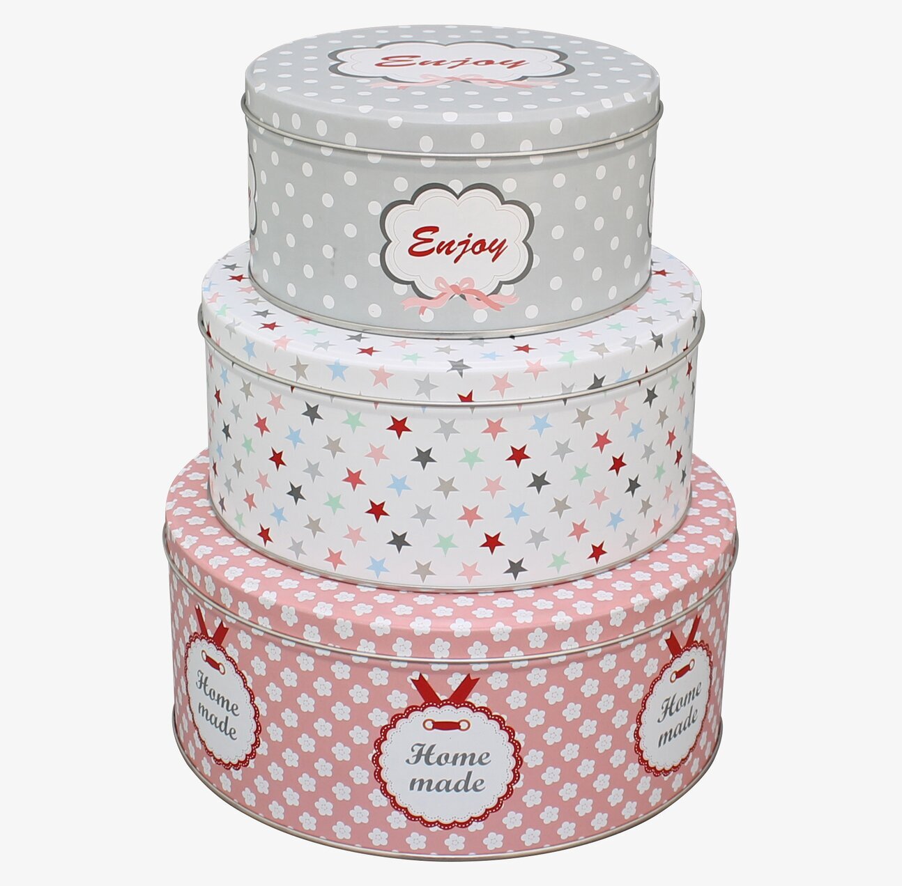 Tin Boxes Home Made från Krasilnikoff, staplade plåtlådor