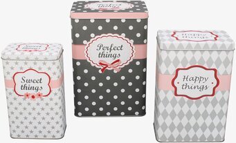 Plåtburkar Perfect Things från Krasilnikoff i tre storlekar