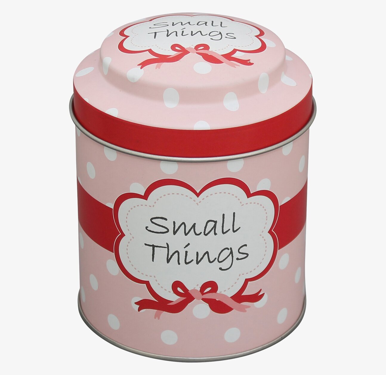 Plåtburk Small Things från Krasilnikoff med rosa och vita prickar