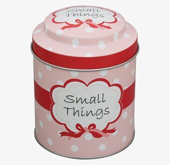 Plåtburk Small Things från Krasilnikoff med rosa och vita prickar
