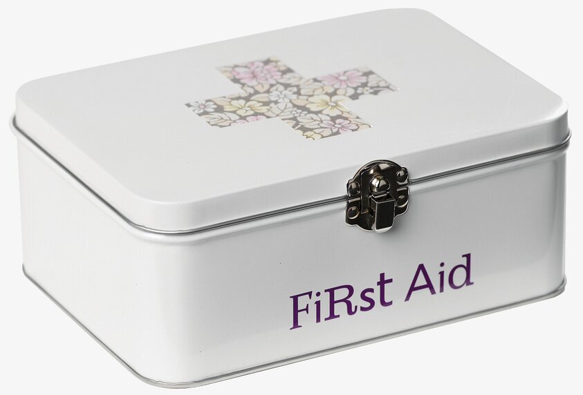 Plåtburk First Aid från House Doctor, vit med blommigt kors