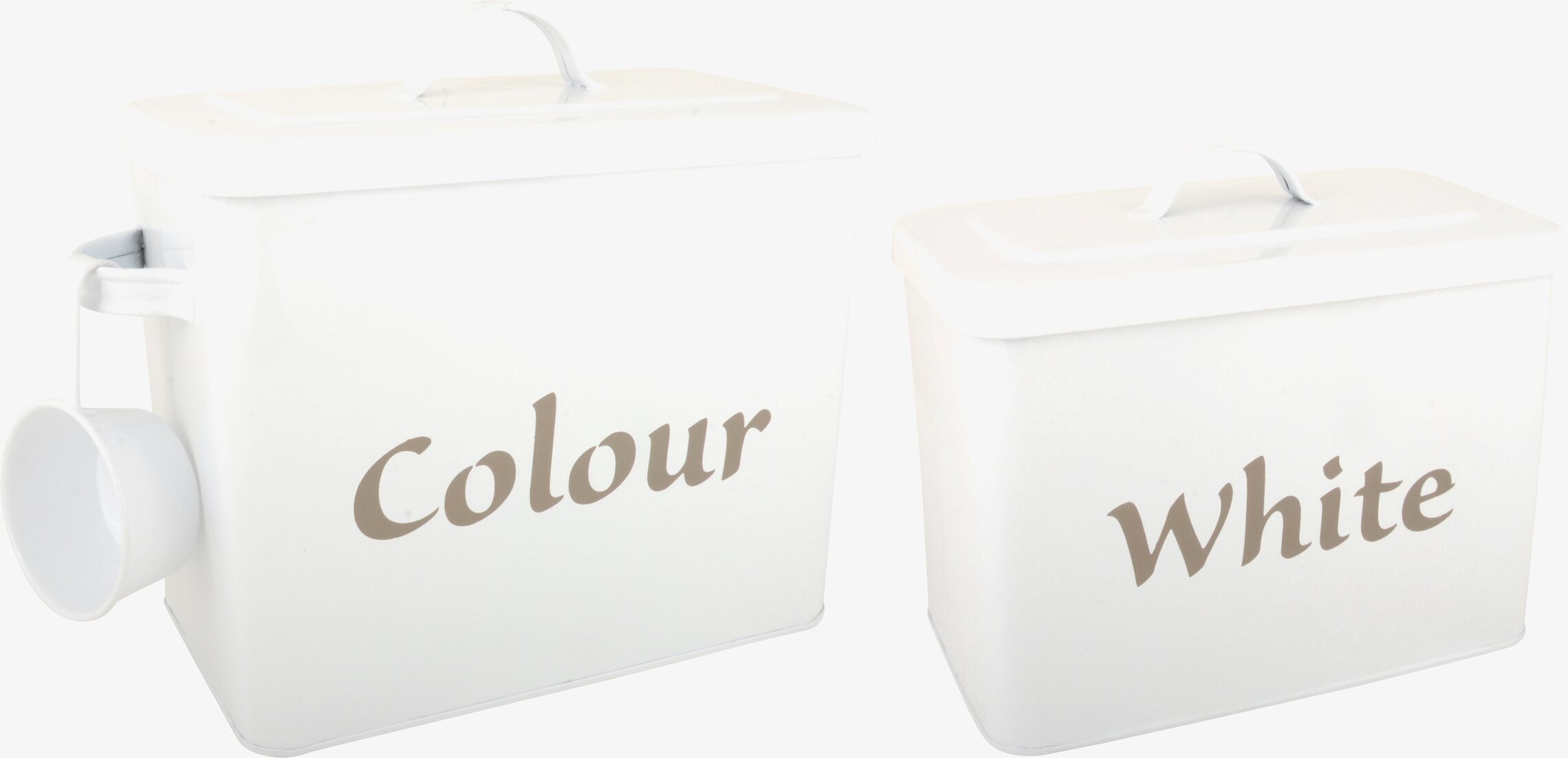 Bild av stilrena vita plåtburkar för tvättmedel