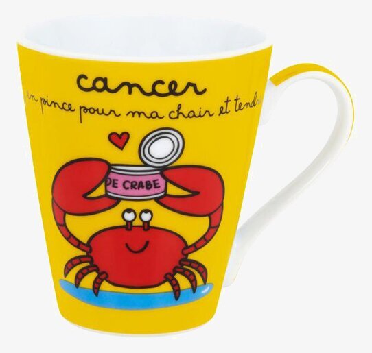 Bild av färgglad mugg med kräftmotiv och text