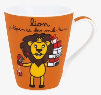 Bild av färgglad mugg med lejon och humoristisk text