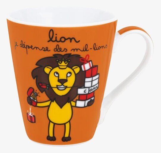 Bild av färgglad mugg med lejon och humoristisk text