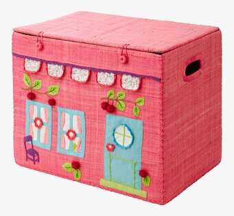 Bild av färgglad husformad förvaringskorg i rosa