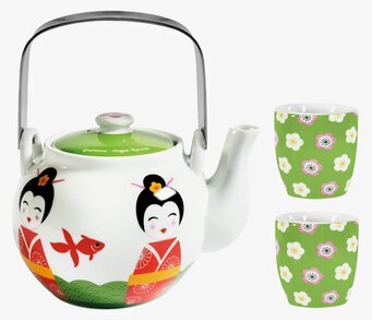 Bild av detaljrik teservis med japanska dockmotiv