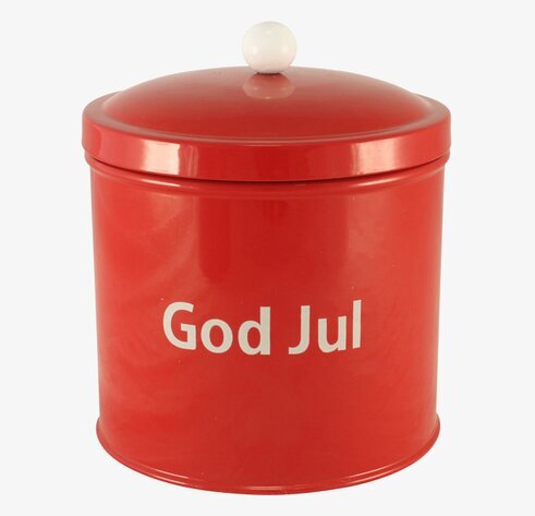 Plåtburk God Jul från Strömshaga i röd metall med vit text
