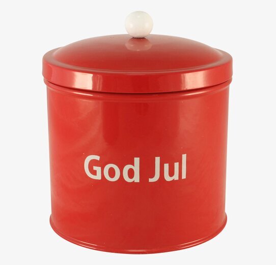 Plåtburk God Jul från Strömshaga i röd metall med vit text