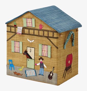 Bild av detaljrik leksakskorg med västtema för barn