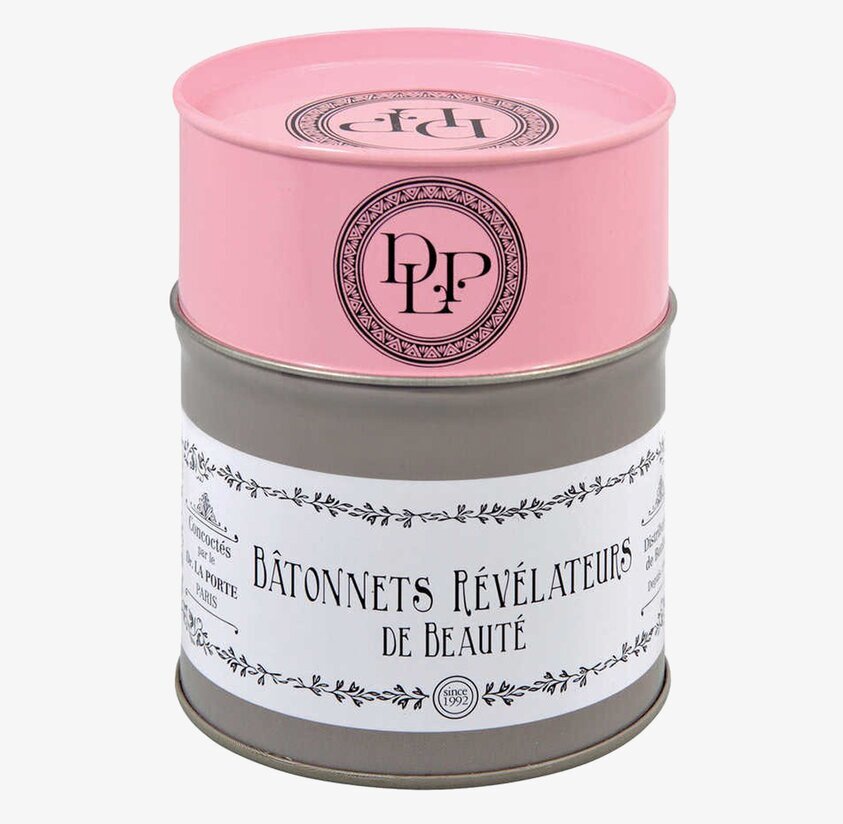 Plåtburk Bomullspinnar från Derriére la porte i rosa och grå