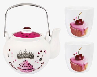 Bild av tekanna med cupcakes och matchande muggar