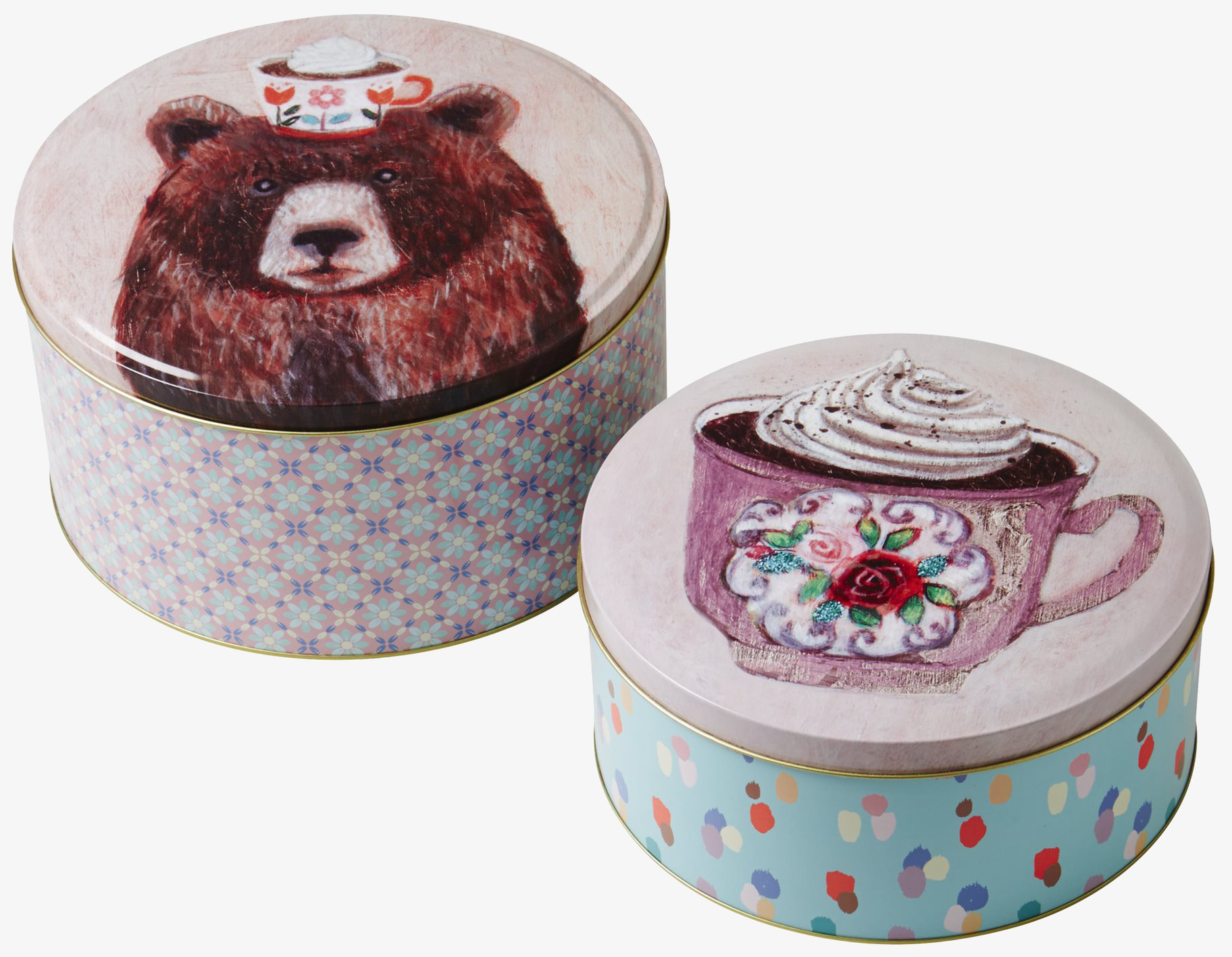 Plåtburk Set om 2 från Rice med björn- och koppmotiv