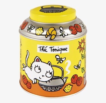 Plåtburk Te katt gul från Derriére la porte med söt katt