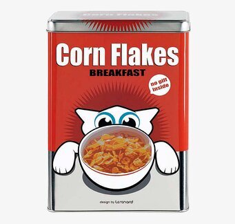 Bild av röd plåtburk med kattdesign för cornflakes