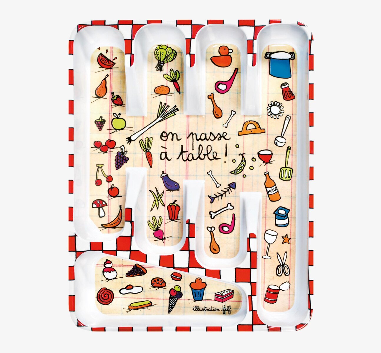 Bild av lekfull besticklåda med färgglad köksdesign