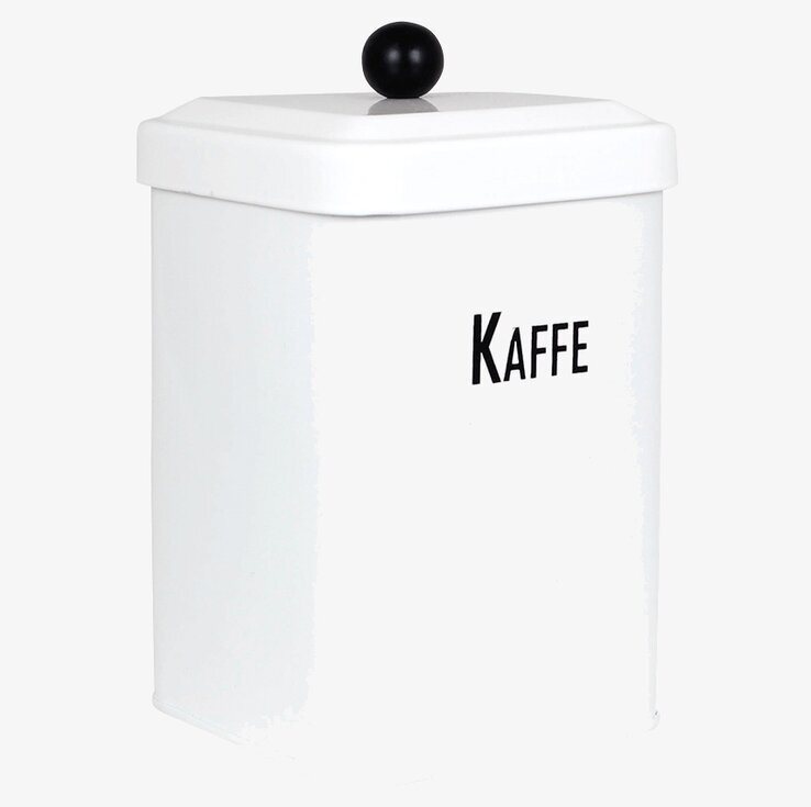 Plåtburk Svarte Petter Kaffe från Strömshaga i vit plåt